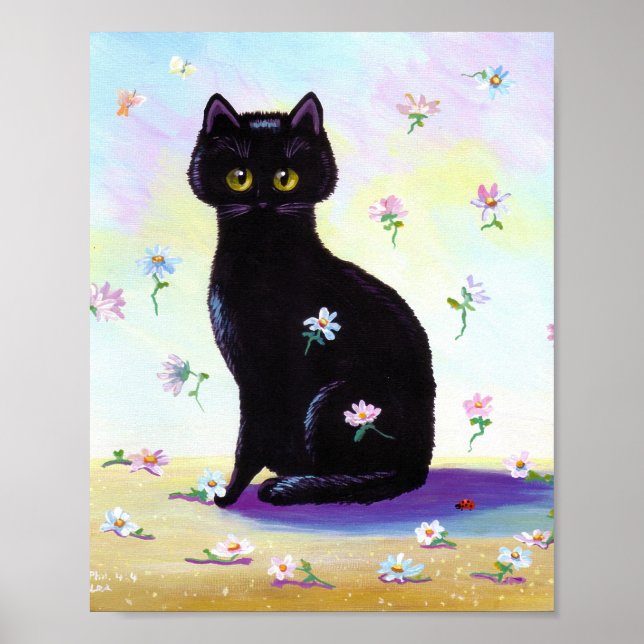 Funny Cute Black Cat Poster Daisies Creationarts (Front)