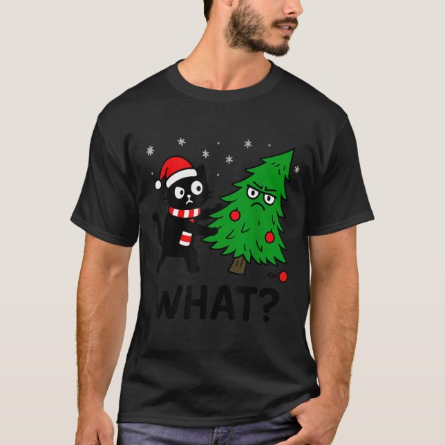 Funny Cute Black Cat What Jamas Christmas Tree Cos T-Shirt (Front)