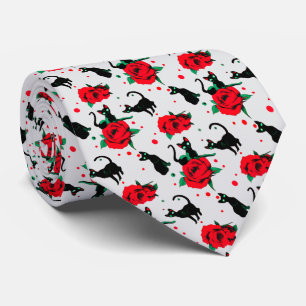 Funny Cute Black Cats Red Roses Pattern Tie