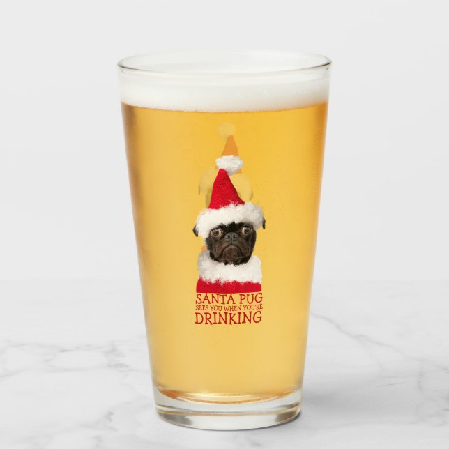 Funny Cute Black Pug Santa Hat Christmas Glass (Front Filled)