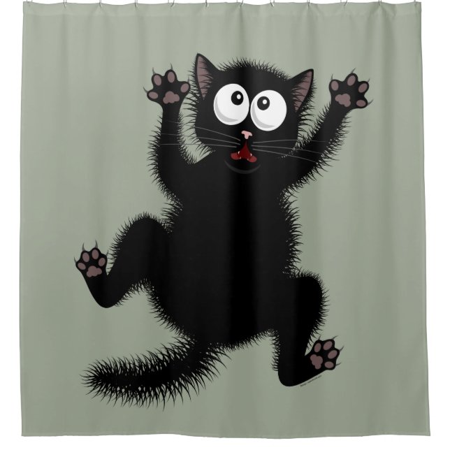 Funny Cute Black Scared Cartoon Cat, kitten Shower Curtain (Front)