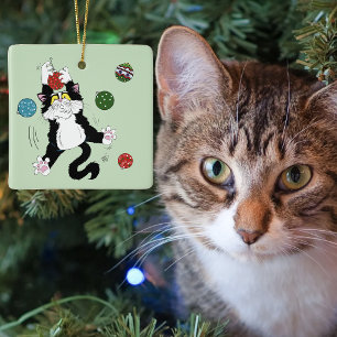 Funny Cute Black White Tuxedo Cat Holiday Green Ceramic Ornament