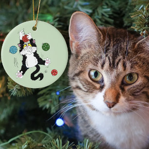 Funny Cute Black White Tuxedo Cat Holiday Green Ceramic Tree Decoration
