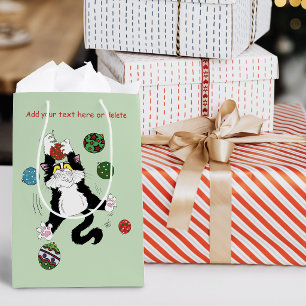 Funny Cute Black White Tuxedo Cat Holiday Green Medium Gift Bag