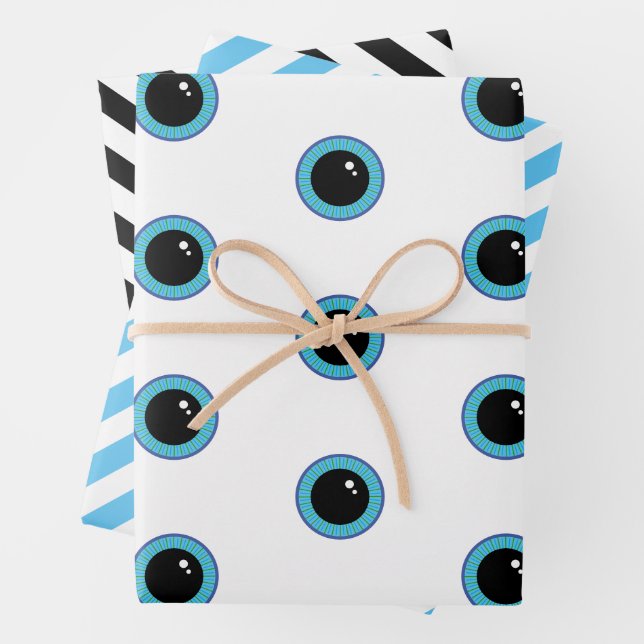 Funny Cute Blue Eyes and Stripes Wrapping Paper Sheet (In situ)