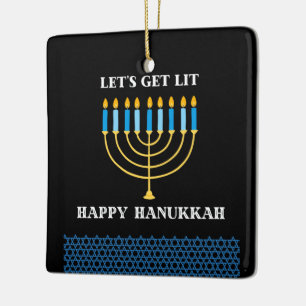 Funny Cute Blue Hanukkah Menorah Design Ceramic Ornament