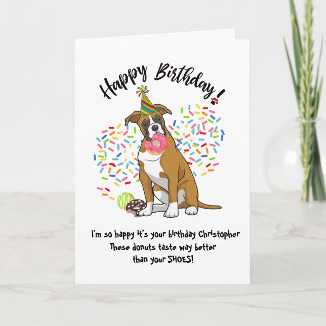 Funny Cute Boxer Dog Birthday Card Donuts (Front)