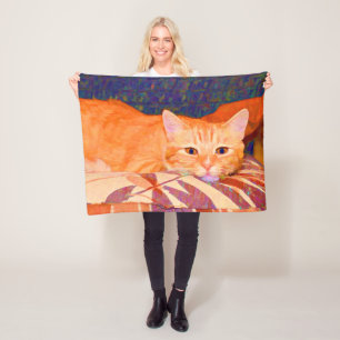 Funny Cute Bright Orange Tabby Cat Fleece Blanket