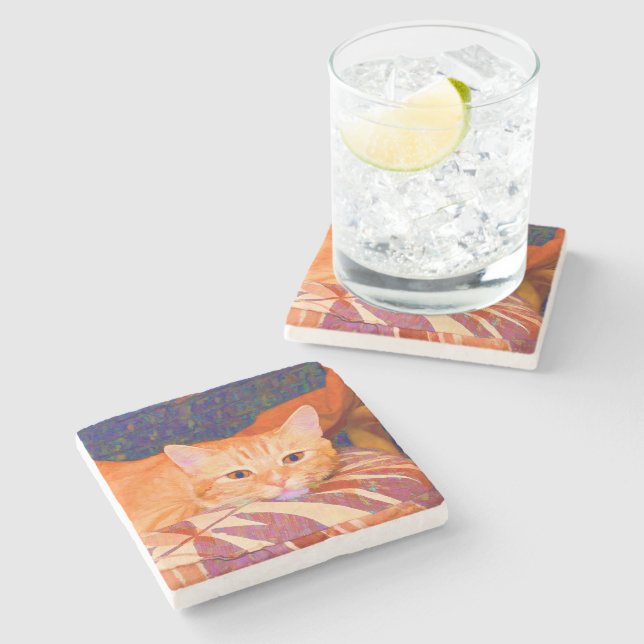 Funny Cute Bright Orange Tabby Cat Stone Coaster (Side)