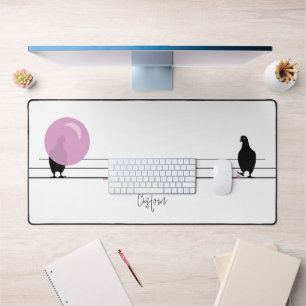 Funny Cute Bubblegum Birds on a Wire White Desk Mat