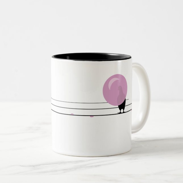 Funny Cute Bubblegum Birds on a Wire White Two-Tone Coffee Mug (Front Right)