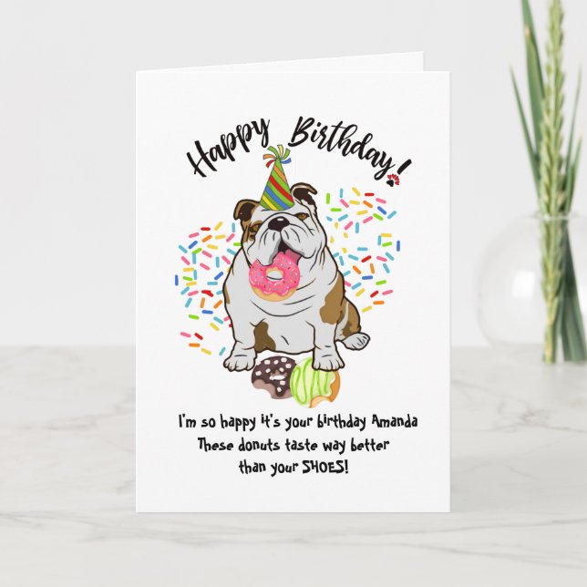Funny Cute Bulldog Dog Birthday Card Doughnuts (Front)