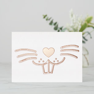 Funny cute bunny face cartoon illustration rose foil holiday card