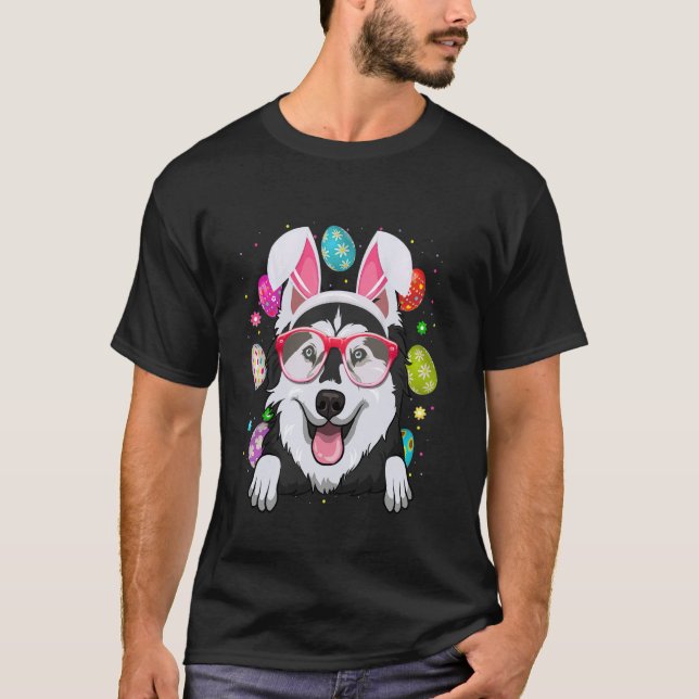 Funny Cute Bunny Husky Dog Face Easter Eggs Easter T-Shirt (Front)
