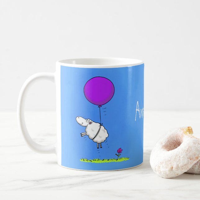 Funny cute cartoon sheep with balloon coffee mug (With Donut)