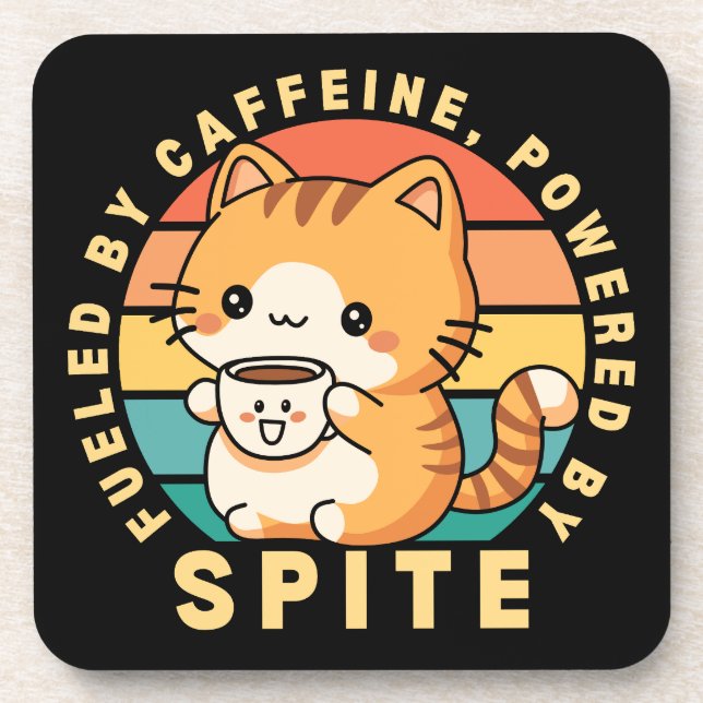 Funny Cute Cat Animal Coffee Quote Retro Sunset Coaster (Front)