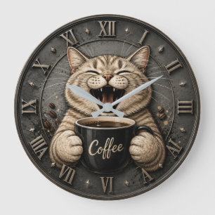 Funny Cute Cat Coffee Lover Decor Large Clock