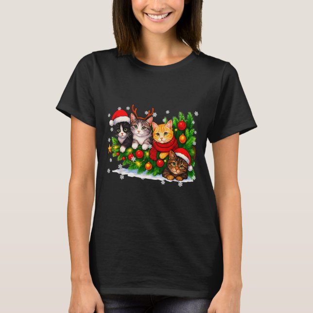 Funny Cute Cat Crew Santa Hat Christmas Xmas Women T-Shirt (Front)