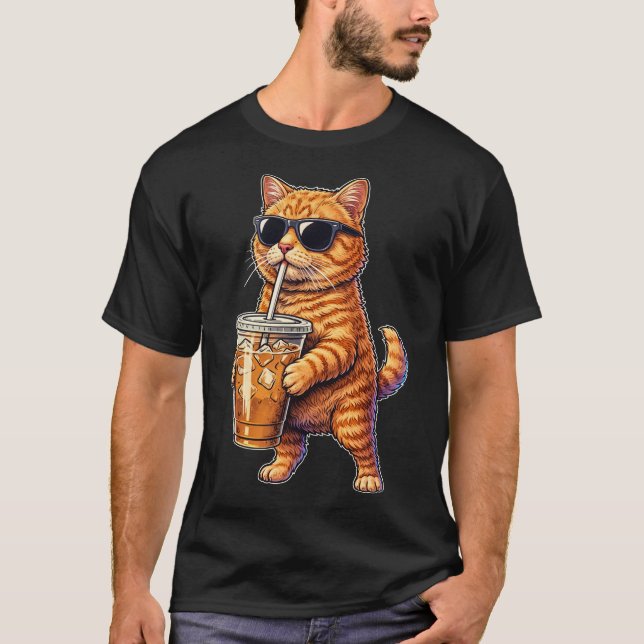 Funny Cute Cat Drinking Iced Coffee Meme T-Shirt (Front)