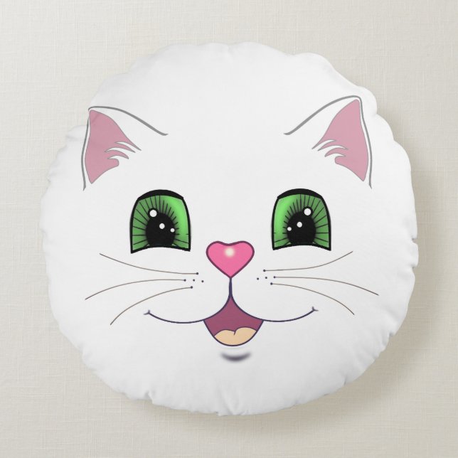Funny cute cat face on white round cushion (Front)