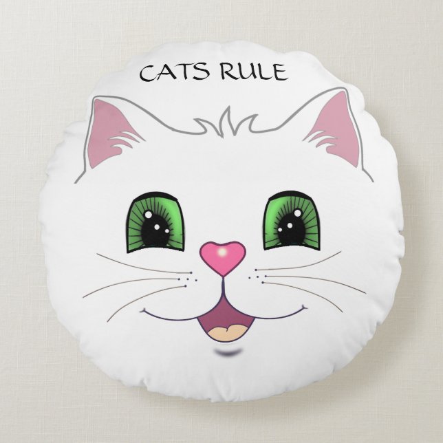 Funny cute cat face on white round pillow (Front)