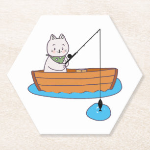 Funny Cute Cat Kitten With Fishing Rod Paper Coaster