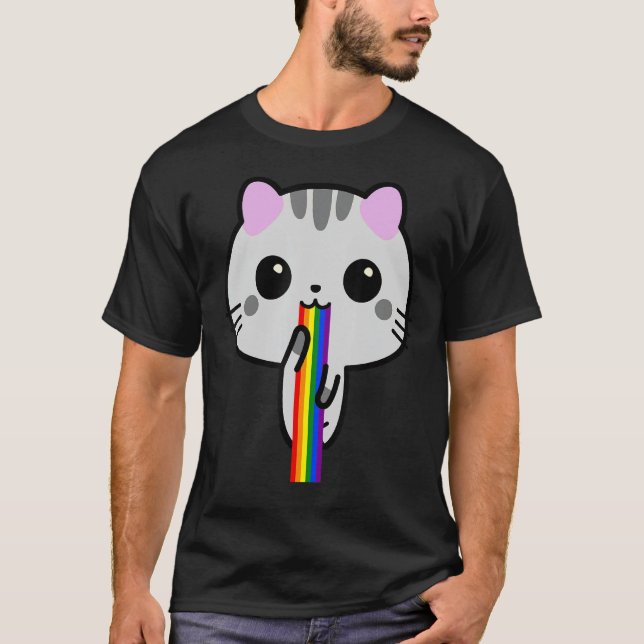Funny Cute Cat Puke Kitten Puking Rainbow T-Shirt (Front)