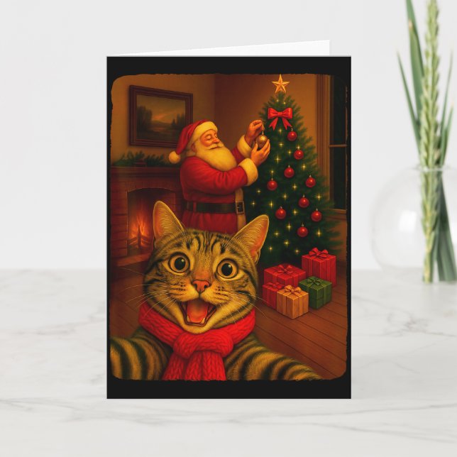 Funny Cute Cat Selfie With Santa Christmas Xmas Wo Card (Front)