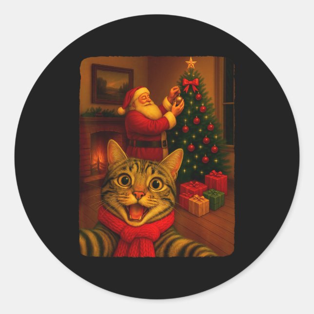 Funny Cute Cat Selfie With Santa Christmas Xmas Wo Classic Round Sticker (Front)