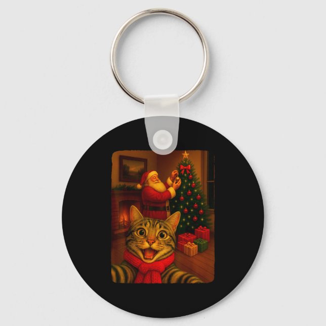 Funny Cute Cat Selfie With Santa Christmas Xmas Wo Key Ring (Front)