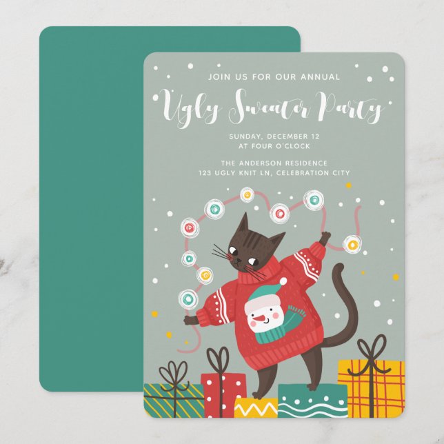 Funny Cute Cat Ugly Christmas Sweater Party Holiday Card (Front/Back)