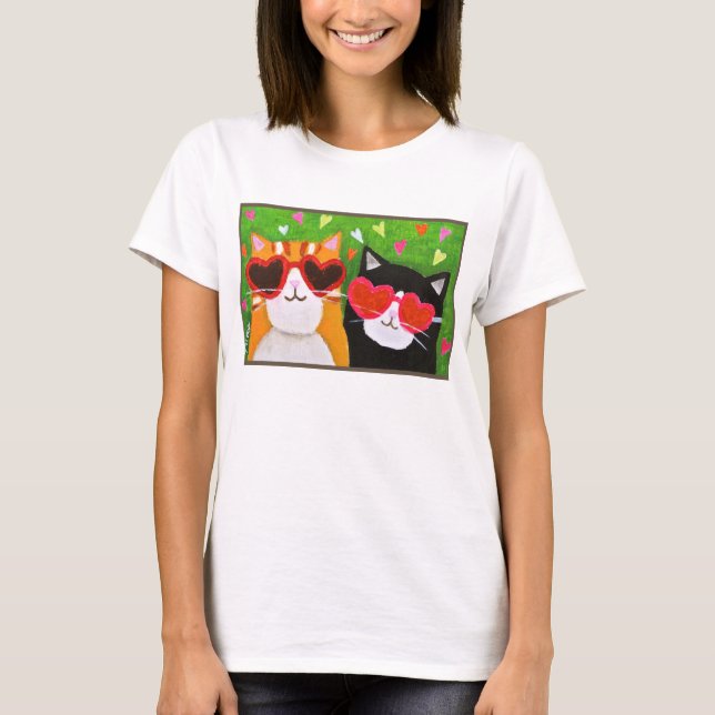Funny Cute Cat with Heart Glasses Cat Folk Art  T-Shirt (Front)