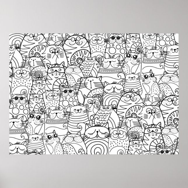 Funny Cute Cats Doodle Relaxing Party Colouring Ar Poster (Front)