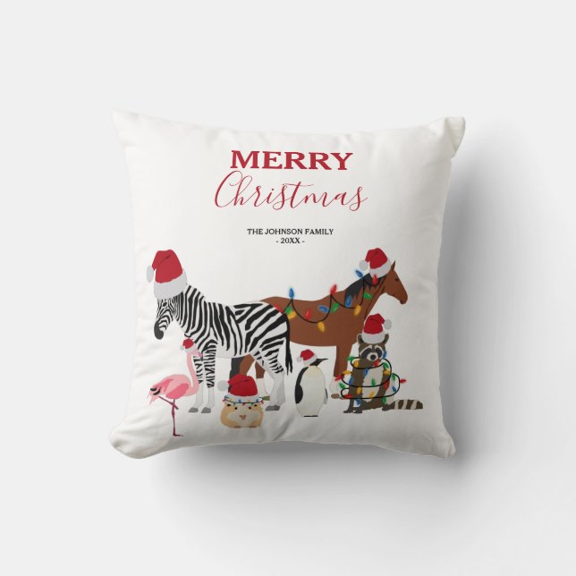Funny Cute Christmas Animals Santa Hats Lights  Cushion (Front)