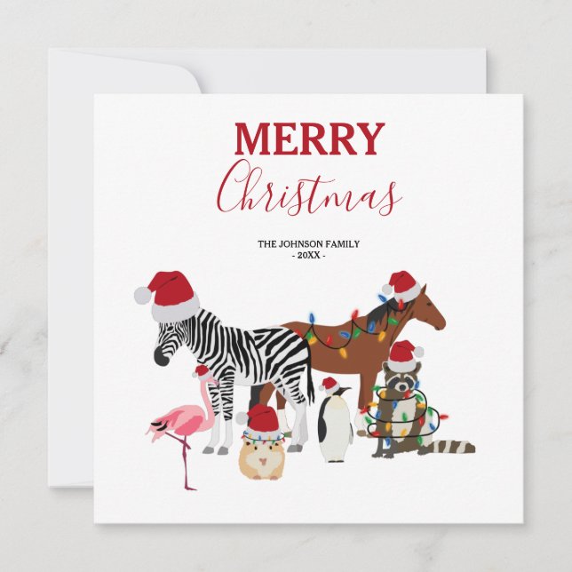 Funny Cute Christmas Animals Santa Hats Lights  Holiday Card (Front)