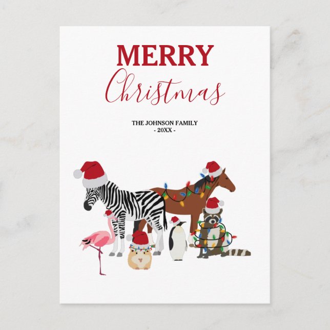 Funny Cute Christmas Animals Santa Hats Lights  Holiday Postcard (Front)