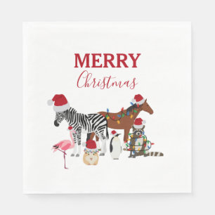 Funny Cute Christmas Animals Santa Hats Lights  Napkin