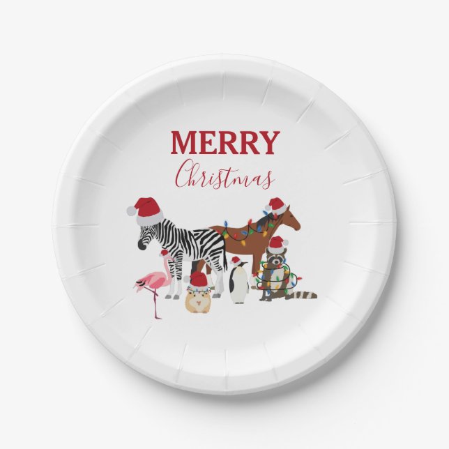 Funny Cute Christmas Animals Santa Hats Lights   Paper Plate (Front)
