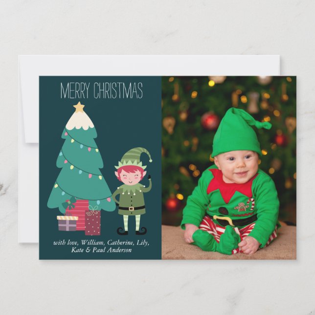Funny Cute Christmas Green Elf Tree Gifts Photo Holiday Card (Front)