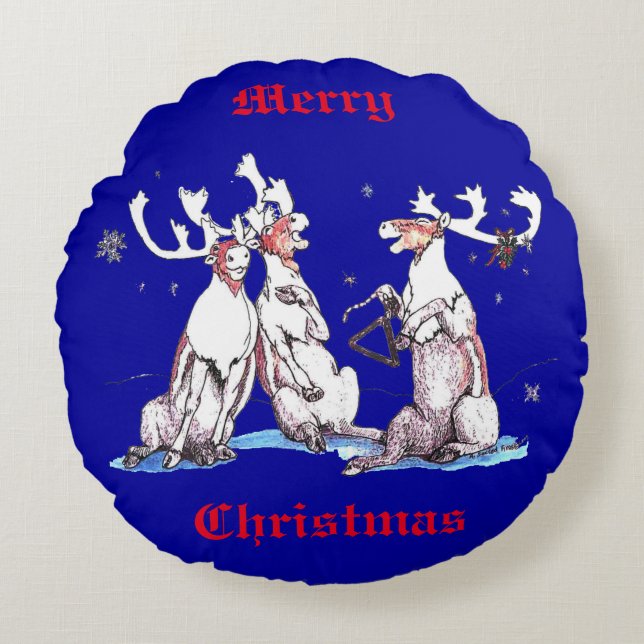 Funny Cute Christmas Singing Caribou Round Cushion (Front)