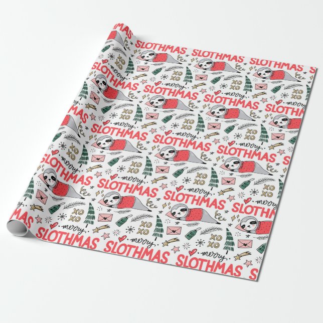 Funny Cute Christmas Sloth with Santa Hat Wrapping Paper (Unrolled)