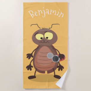 Funny cute cockroach cartoon character beach towel