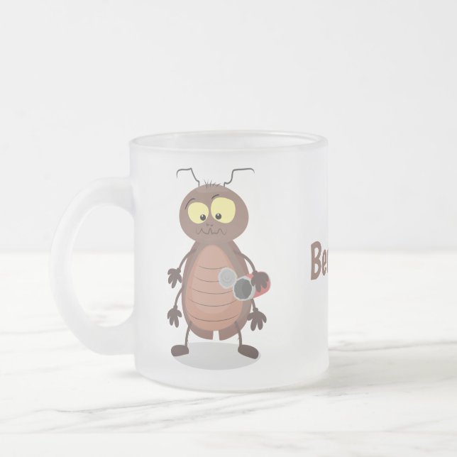 Funny cute cockroach cartoon character frosted glass coffee mug (Left)
