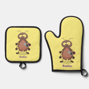 Funny cute cockroach cartoon character oven mitt & pot holder set