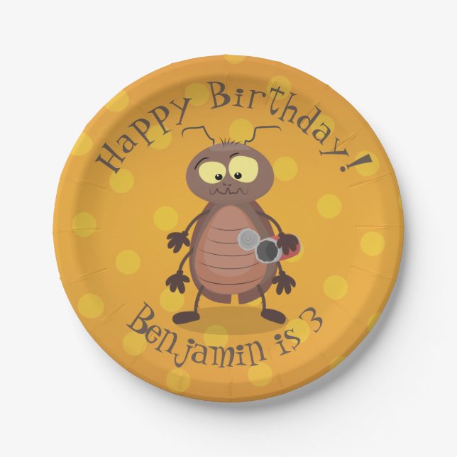 Funny cute cockroach cartoon character paper plate (Front)