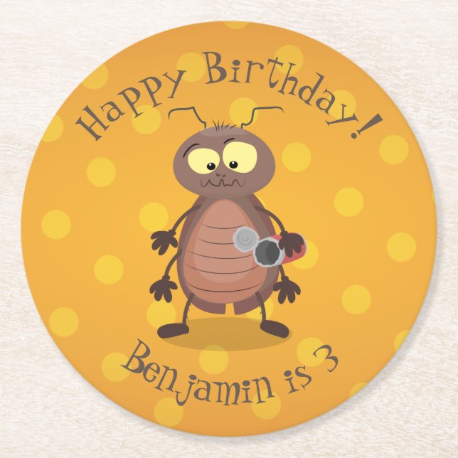 Funny cute cockroach cartoon character round paper coaster (Front)