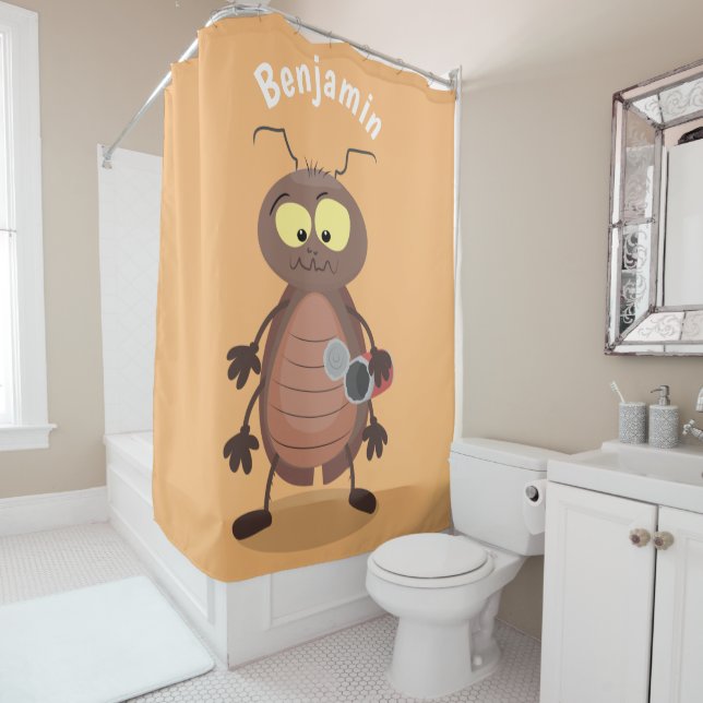 Funny cute cockroach cartoon character shower curtain (In Situ)