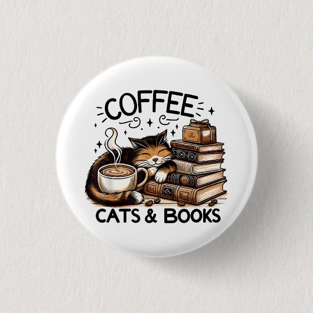 Funny Cute Coffee Cats Books Lover Gift Idea Women 3 Cm Round Badge (Front)