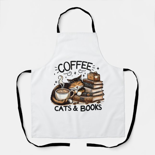 Funny Cute Coffee Cats Books Lover Gift Idea Women Apron (Front)