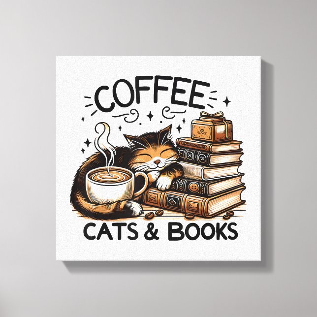 Funny Cute Coffee Cats Books Lover Gift Idea Women Canvas Print (Front)